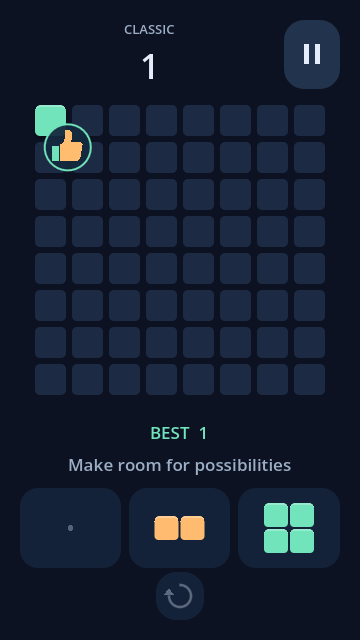 Block Burst Classic mode with an 8×8 board, block tray and rotation button
