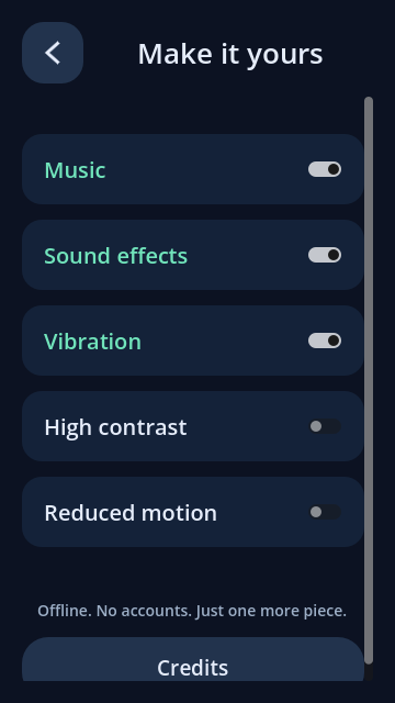 Block Burst settings for music, sound, vibration, high contrast and reduced motion
