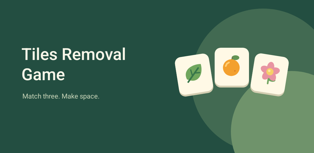 Three illustrated garden tiles on a forest-green background. Tiles Removal Game: Match three. Make space.