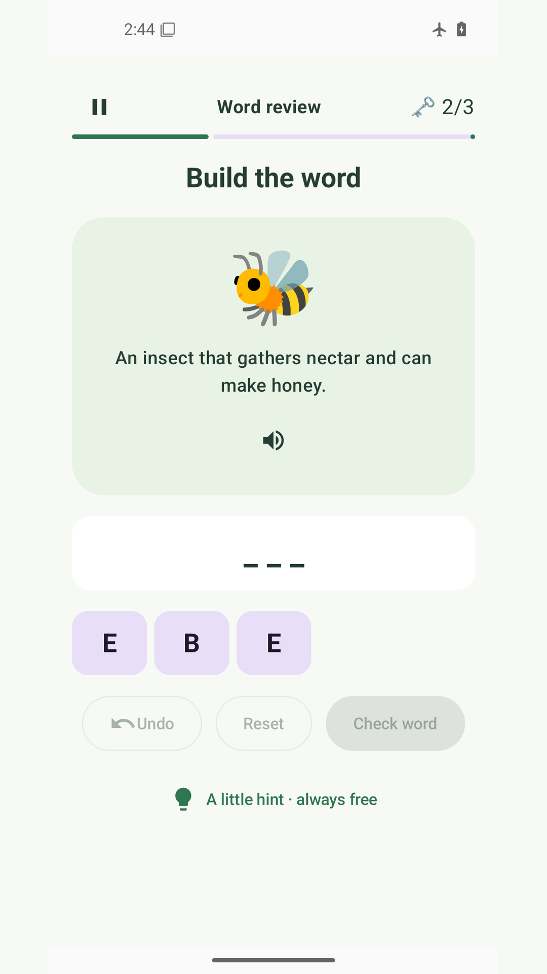 Build the word bee using letter tiles and a picture clue